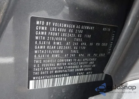 2016 Volkswagen Tiguan S из США, поврежденный, VIN WVGAV7AX5GW600803